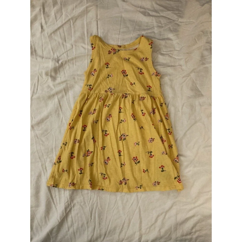 5T Old Navy girl clothes - 1 piece dress | solid yellow and flower theme
